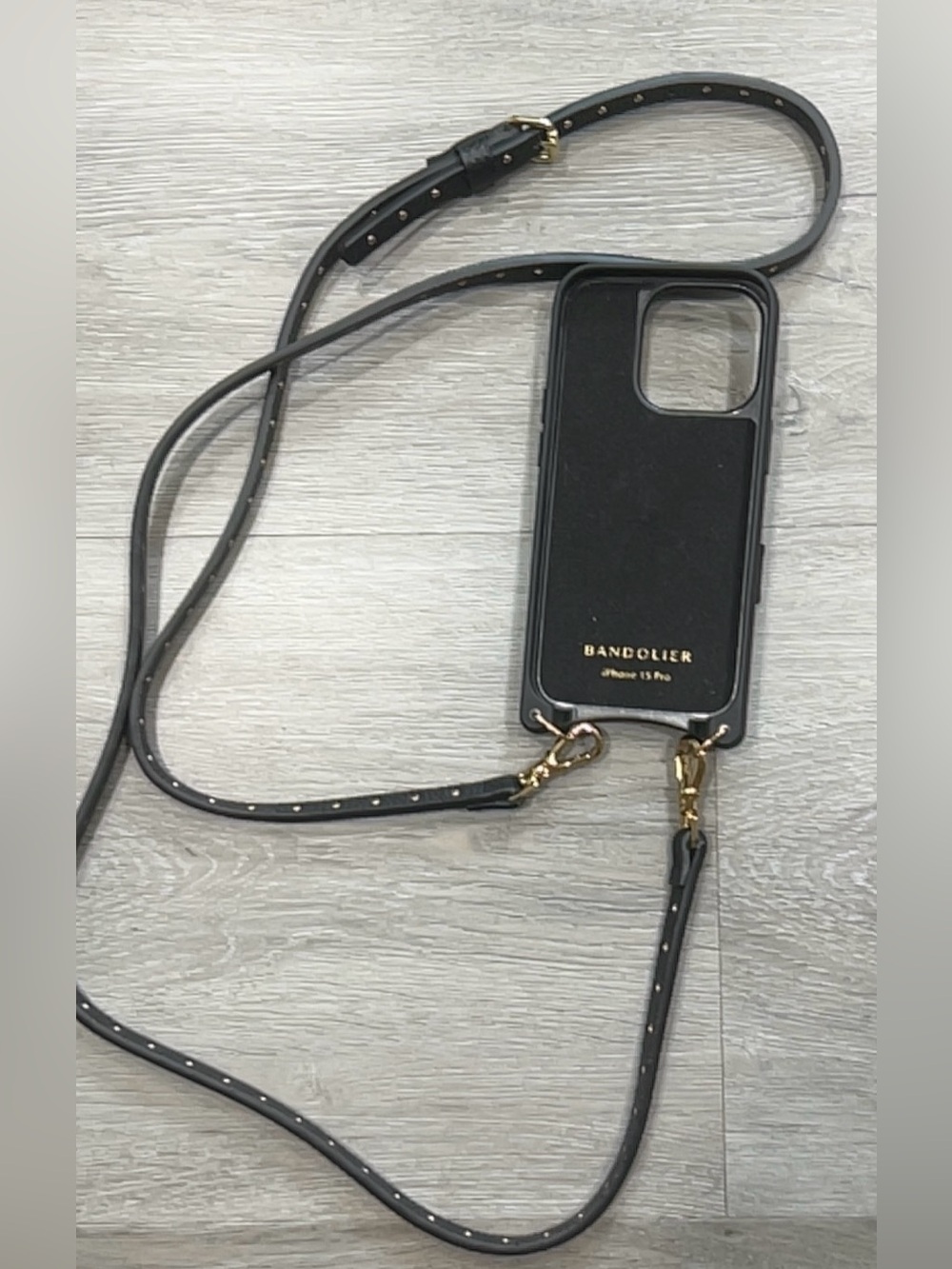 Bandolier iPhone 15 Pro Leather Crossbody Case Wallet Black Gold Studded Strap